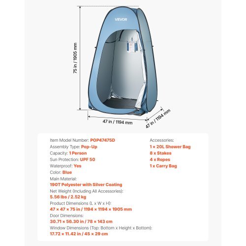 Pop up Shower Tent, Instant Portable Privacy Tent Changing Room with Shower Bag, Ground Stakes, Ropes, Carry Bag, 190T Polyester with Silver Coating, Quick Setup, for Camping, Beach, Fishing - American Smart