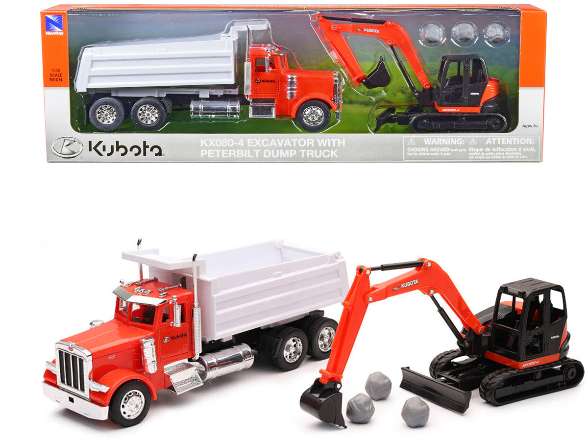 Peterbilt Dump Truck Orange and White and Kubota KX080-4 Excavator Orange and Black with Rocks 1/32 Diecast Model by New Ray-0