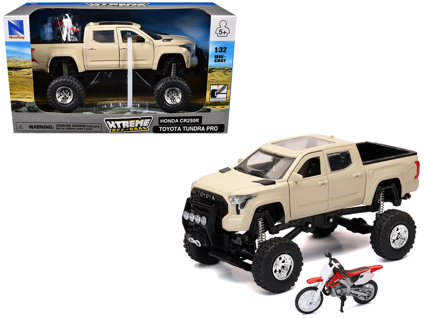 Toyota Tundra Pro pickup truck tan and Honda CR250R motorcycle red and white diecast models from New Ray's Xtreme Off-Road series.
