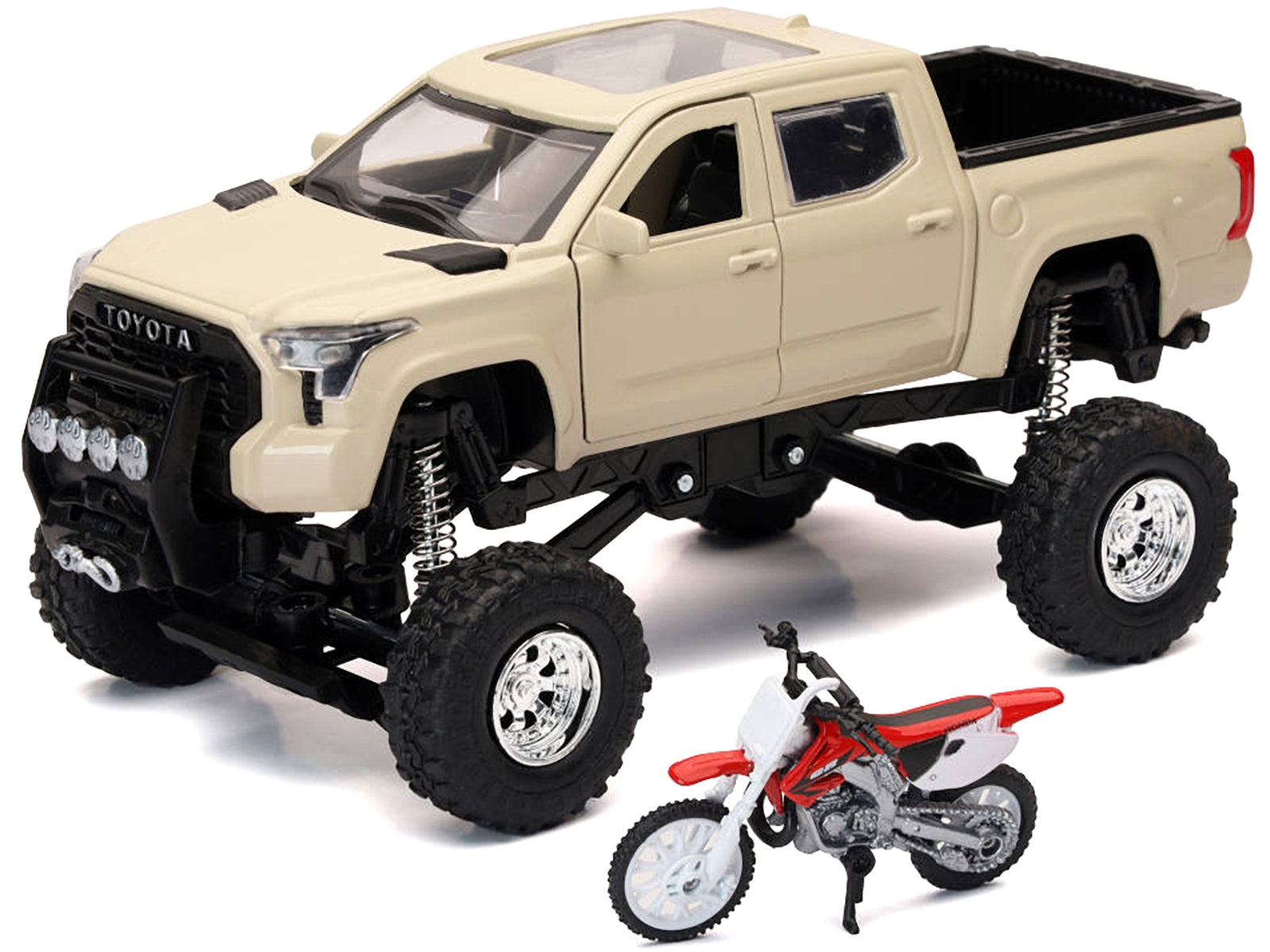 Toyota Tundra Pro pickup truck in tan and Honda CR250R motorcycle in red and white diecast models by New Ray, off-road series.
