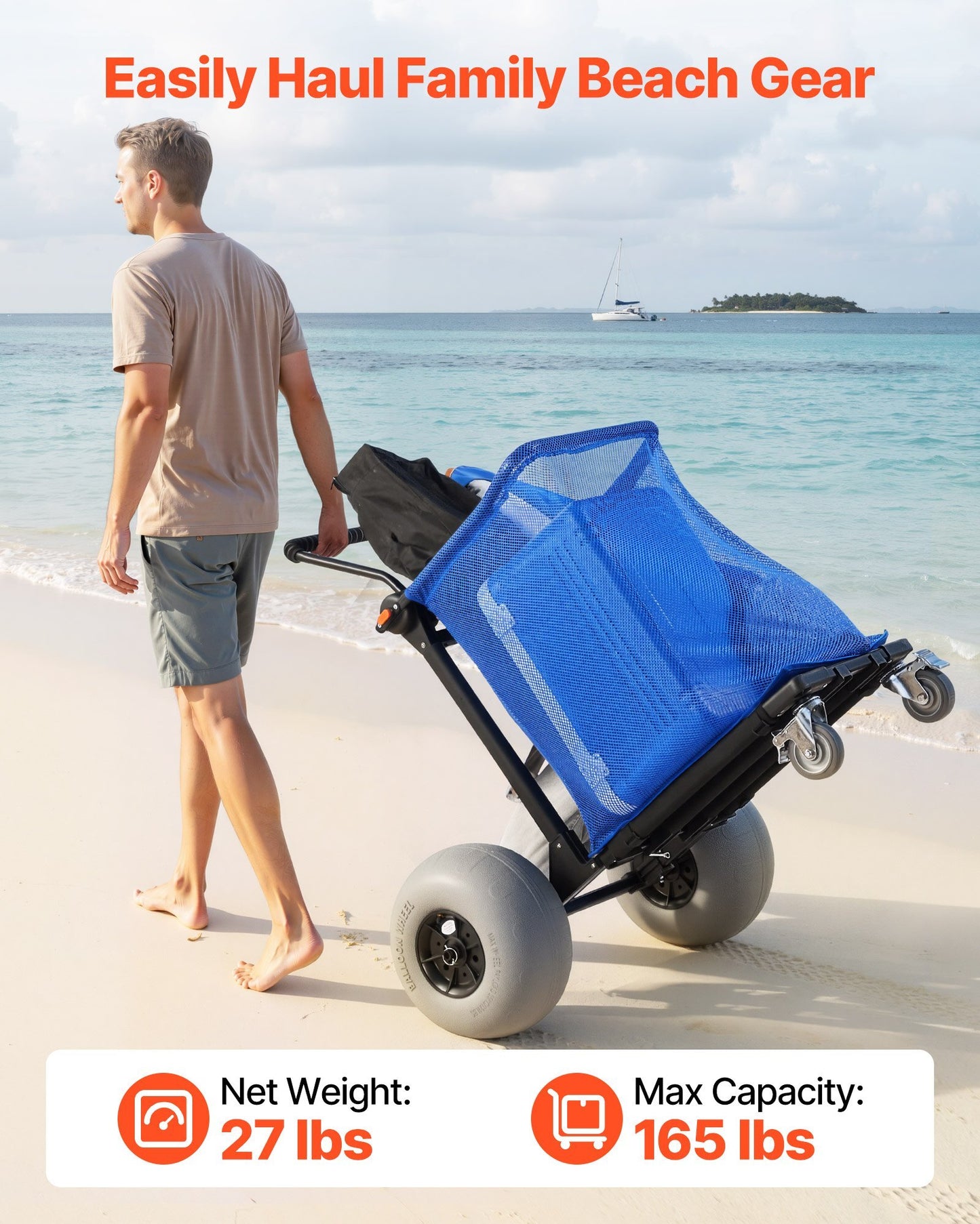 Beach Cart with Large Wheels for Sand, 165 lbs Load Capacity, Heavy Duty Folding Beach Wagon with 12" Balloon Wheels, Storage Bag, 180? Adjustable Handlebar, Dolly for Camping Fishing Garden