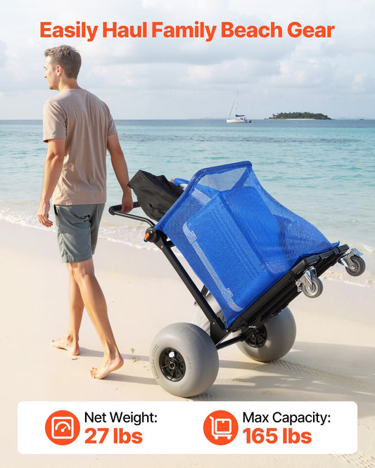 Beach Cart with Large Wheels for Sand, 165 lbs Load Capacity, Heavy Duty Folding Beach Wagon with 12" Balloon Wheels, Storage Bag, 180? Adjustable Handlebar, Dolly for Camping Fishing Garden