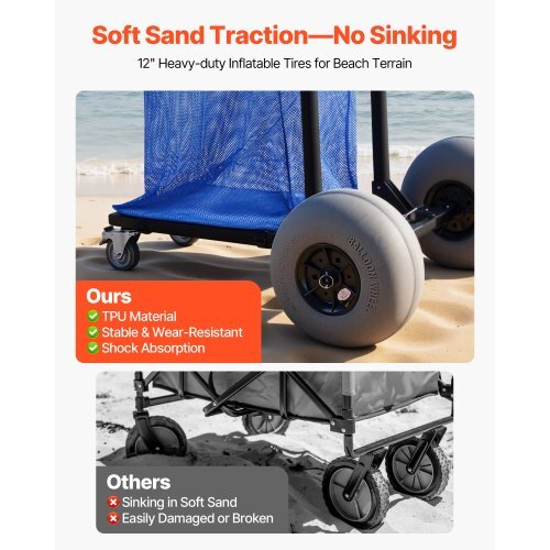 Beach Cart with Large Wheels for Sand, 165 lbs Load Capacity, Heavy Duty Folding Beach Wagon with 12" Balloon Wheels, Storage Bag, 180? Adjustable Handlebar, Dolly for Camping Fishing Garden