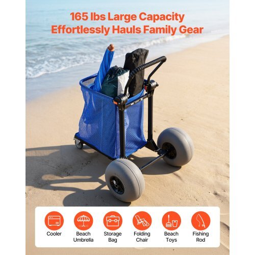 Beach Cart with Large Wheels for Sand, 165 lbs Load Capacity, Heavy Duty Folding Beach Wagon with 12" Balloon Wheels, Storage Bag, 180? Adjustable Handlebar, Dolly for Camping Fishing Garden