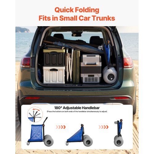 Beach Cart with Large Wheels for Sand, 165 lbs Load Capacity, Heavy Duty Folding Beach Wagon with 12" Balloon Wheels, Storage Bag, 180? Adjustable Handlebar, Dolly for Camping Fishing Garden