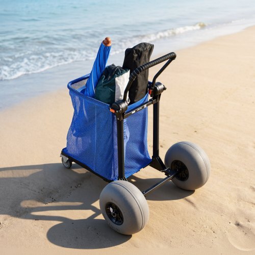 Beach Cart with Large Wheels for Sand, 165 lbs Load Capacity, Heavy Duty Folding Beach Wagon with 12" Balloon Wheels, Storage Bag, 180? Adjustable Handlebar, Dolly for Camping Fishing Garden