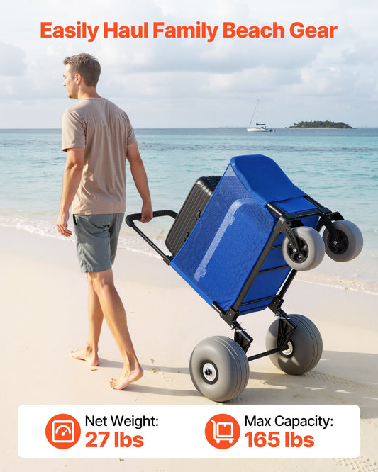 Beach Cart with Large Wheels for Sand, 165 lbs Load Capacity, Heavy Duty Folding Beach Wagon with 12" Balloon Wheels, Storage Bag, 33" to 45" Adjustable Height, Dolly for Camping Fishing Garden