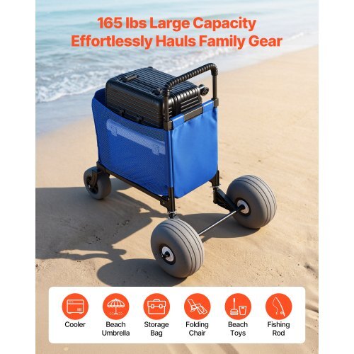 Beach Cart with Large Wheels for Sand, 165 lbs Load Capacity, Heavy Duty Folding Beach Wagon with 12" Balloon Wheels, Storage Bag, 33" to 45" Adjustable Height, Dolly for Camping Fishing Garden