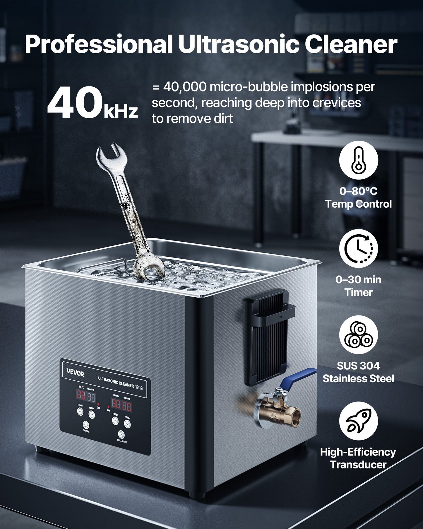 15L Ultrasonic Cleaner, Professional Ultrasonic Cleaner Machine with Cleaning Basket & Digital Display, 240W Stainless Steel 40kHz Industrial Cleaning Machine for Parts, Carburetors, Instruments - American Smart
