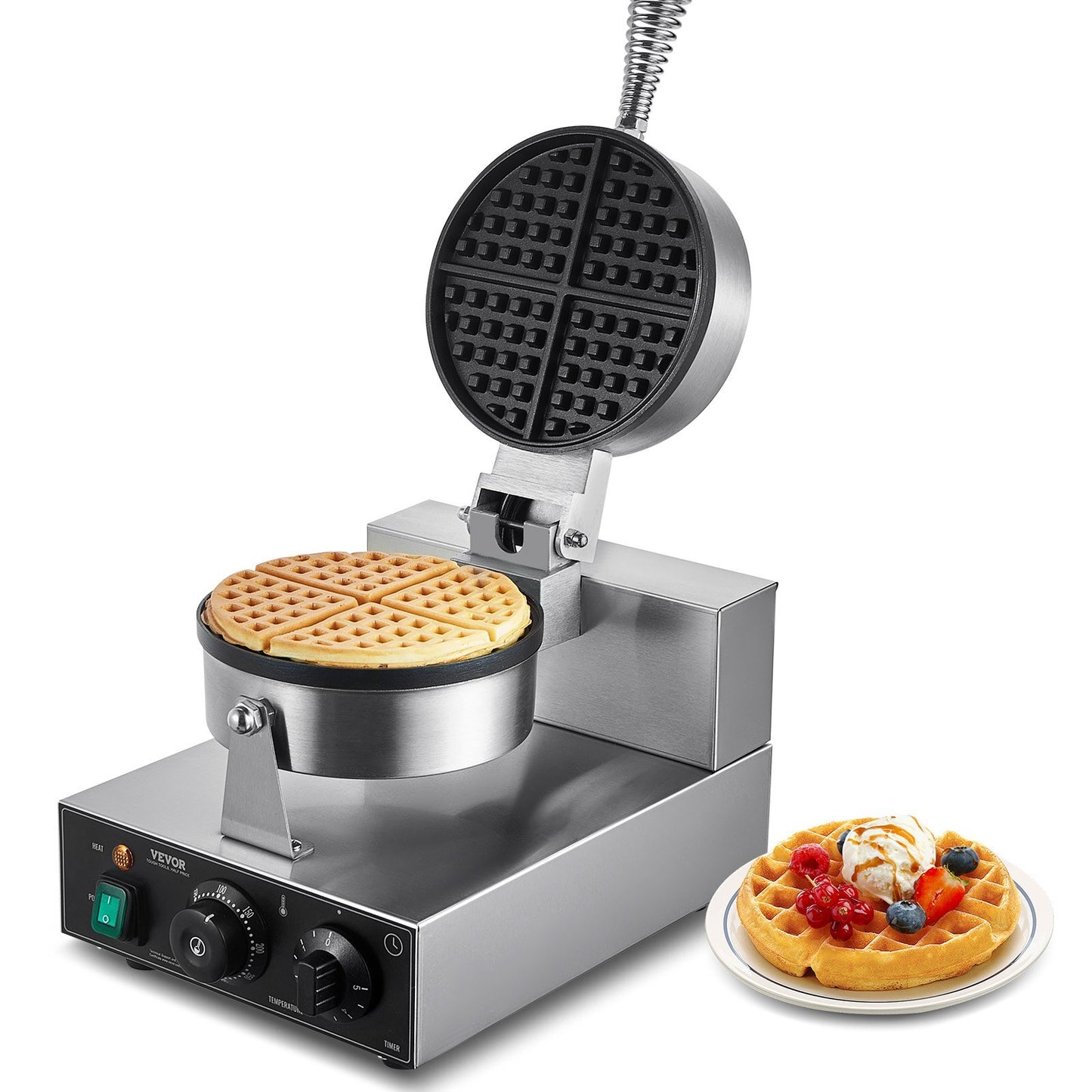 Commercial Waffle Maker, 1230W Round Waffle Baker Machine, Non-Stick Stainless Steel Belgian Waffle Iron with Temperature and Time Control, Handle, for Restaurant Bakery Snack Bar Family - American Smart