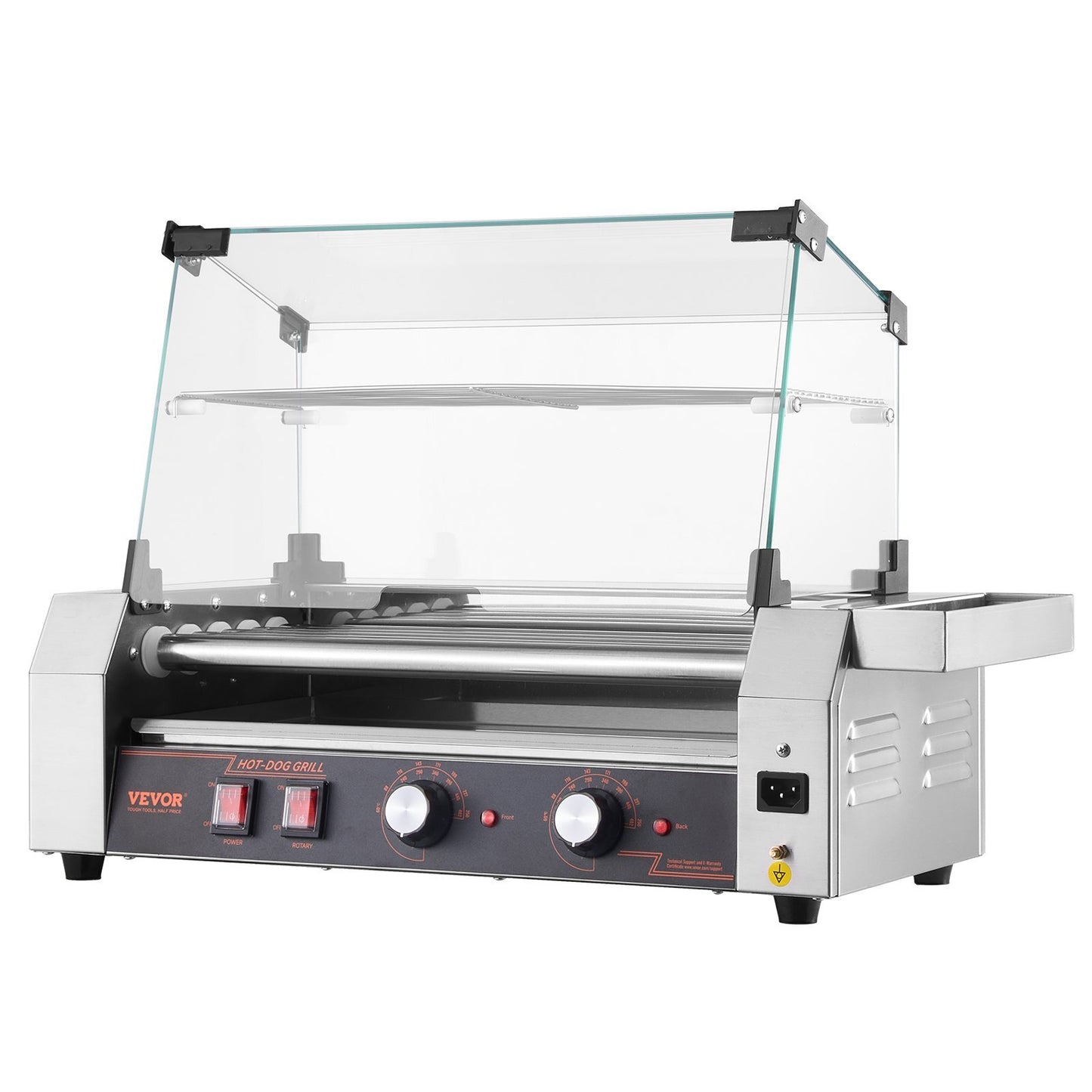 Hot Dog Roller, 12 Hot Dog 5 Rollers, Stainless Steel Sausage Grill Cooker, 750W Commercial Hot Dog Machine with Dual Temp Control, Cover, Side Storage Box, Removable Shelf & Oil Drip Tray - American Smart