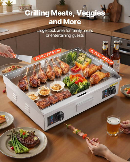 Commercial Electric Griddle, 25.79 x 15.75 inch, 2800W, 122-570F Adjustable Temp Control, Stainless Steel Body, Full Flat, with 2 Spatulas, 2 Brushes, and 4 Foot Pads, for Steak, Pancake - American Smart