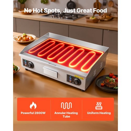 Commercial Electric Griddle, 25.79 x 15.75 inch, 2800W, 122-570F Adjustable Temp Control, Stainless Steel Body, Full Flat, with 2 Spatulas, 2 Brushes, and 4 Foot Pads, for Steak, Pancake - American Smart