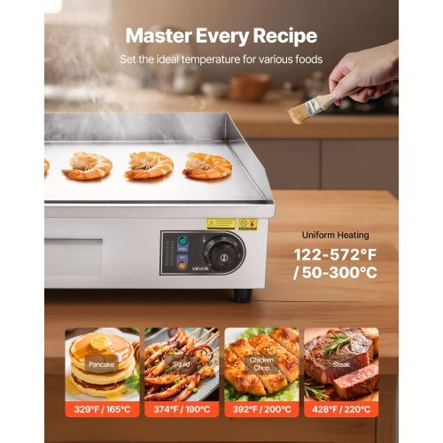 Commercial Electric Griddle, 25.79 x 15.75 inch, 2800W, 122-570F Adjustable Temp Control, Stainless Steel Body, Full Flat, with 2 Spatulas, 2 Brushes, and 4 Foot Pads, for Steak, Pancake - American Smart