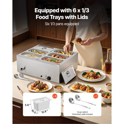 Commercial Food Warmer, 1500W Electric Stainless Steel Steam Food Warmer with Lid, 6-Pan Fast Heating Countertop Buffet Bain Marie with Soup & Perforated Ladles, for Catering, Restaurant, Party - American Smart