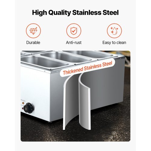Commercial Food Warmer, 1500W Electric Stainless Steel Steam Food Warmer with Lid, 6-Pan Fast Heating Countertop Buffet Bain Marie with Soup & Perforated Ladles, for Catering, Restaurant, Party - American Smart