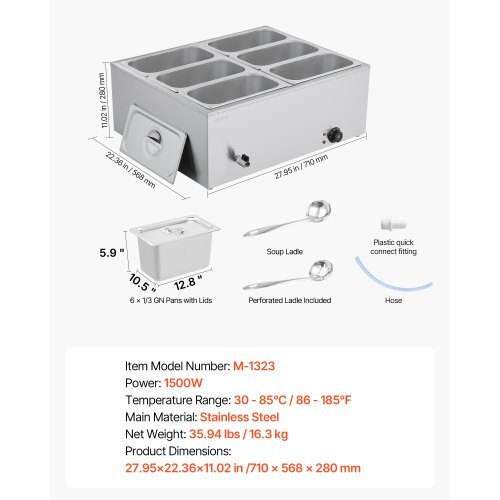Commercial Food Warmer, 1500W Electric Stainless Steel Steam Food Warmer with Lid, 6-Pan Fast Heating Countertop Buffet Bain Marie with Soup & Perforated Ladles, for Catering, Restaurant, Party - American Smart
