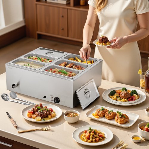 Commercial Food Warmer, 1500W Electric Stainless Steel Steam Food Warmer with Lid, 6-Pan Fast Heating Countertop Buffet Bain Marie with Soup & Perforated Ladles, for Catering, Restaurant, Party - American Smart