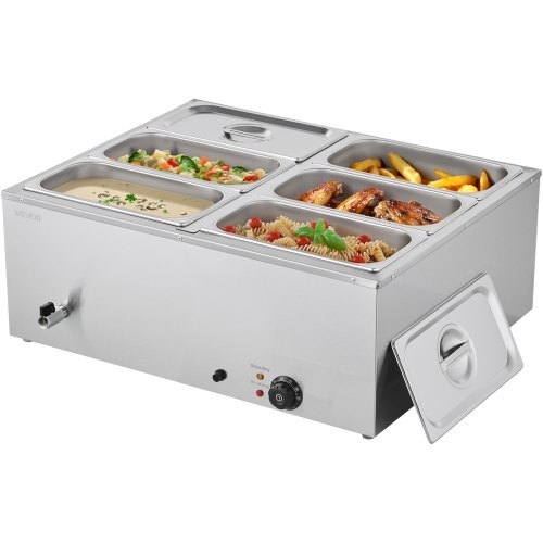 Commercial Food Warmer, 1500W Electric Stainless Steel Steam Food Warmer with Lid, 6-Pan Fast Heating Countertop Buffet Bain Marie with Soup & Perforated Ladles, for Catering, Restaurant, Party - American Smart