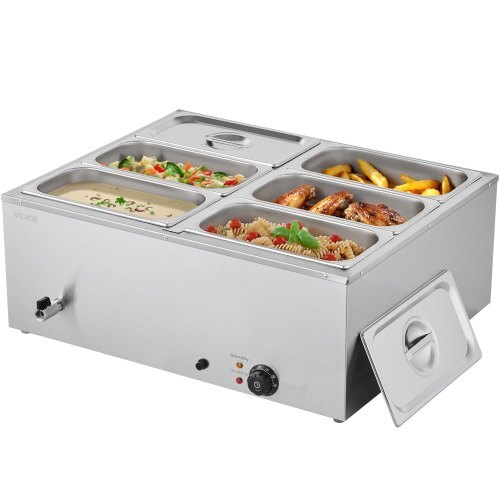 Commercial Food Warmer, 1500W Electric Stainless Steel Steam Food Warmer with Lid, 6-Pan Fast Heating Countertop Buffet Bain Marie with Soup & Perforated Ladles, for Catering, Restaurant, Party - American Smart