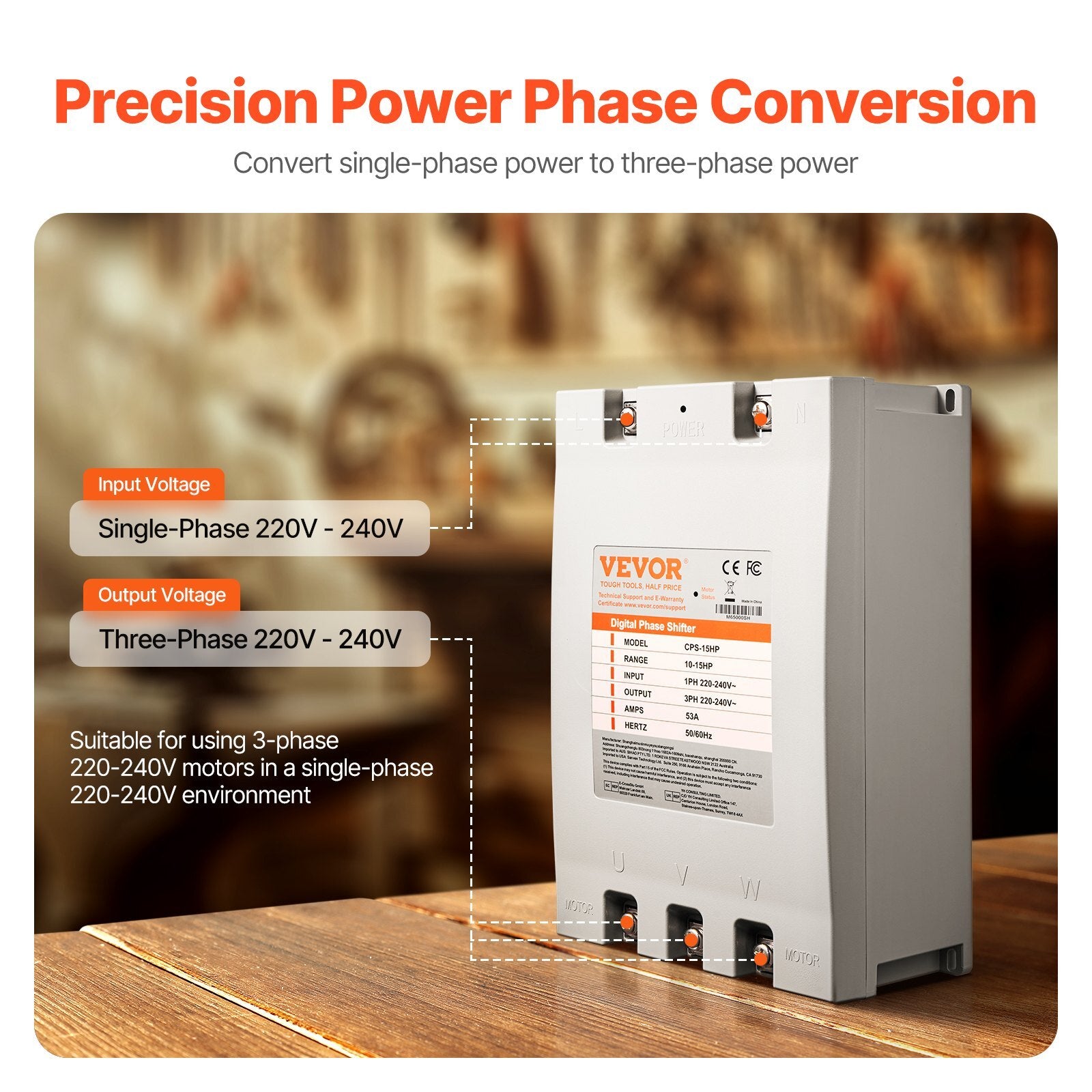 3 Phase Converter - 15HP 53A 220V Single Phase to 3 Phase Converter, 220V Input/Output, Digital Phase Shifter for Residential & Light Commercial Use (One Converter for One Motor Only) - American Smart