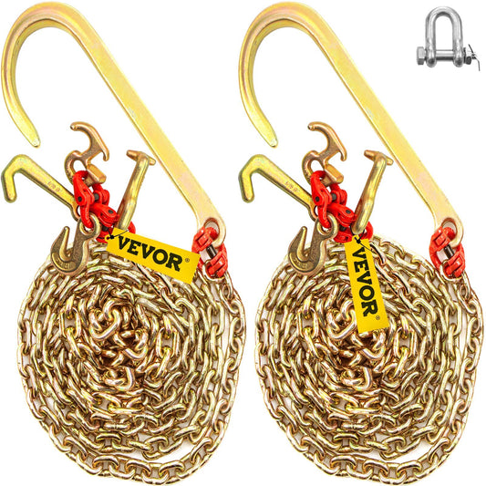 J Hook Chain, 2PCS 5/16" x 10' G80 15" Long Shank J Hook Tow Chain with RTJ Cluster Hook & Grab Hook, 5400 lbs Working Load, Heavy Duty Transport Truck Chain for Wrecker Recovery Trailer Towing - American Smart