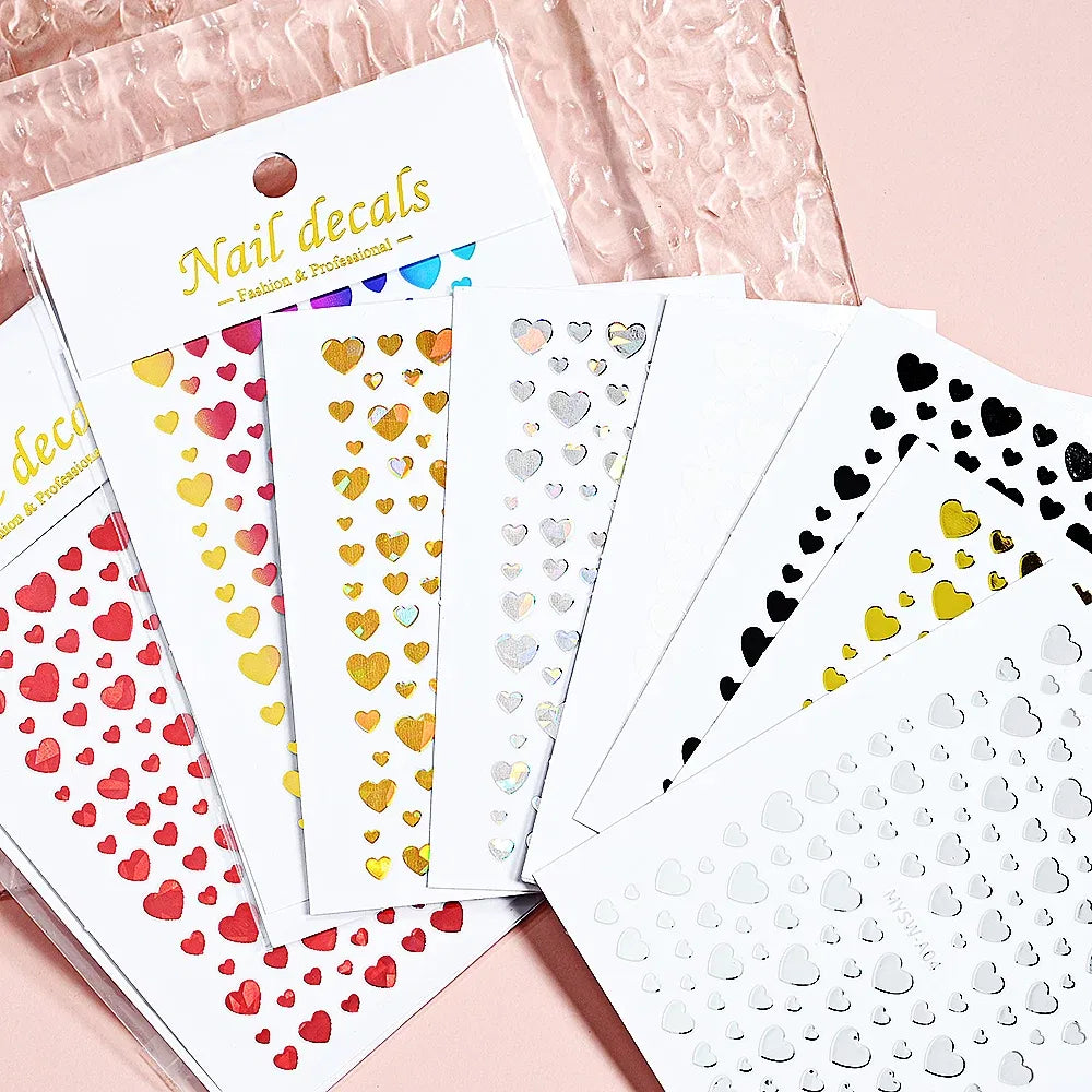 Color: WHITE - 1Pcs 3D Heart Love Nail Sticker Laser Colorful Self-Adhesive Slider Decals 8*10cm Valentines Day Sticker for Nail Decorations #N