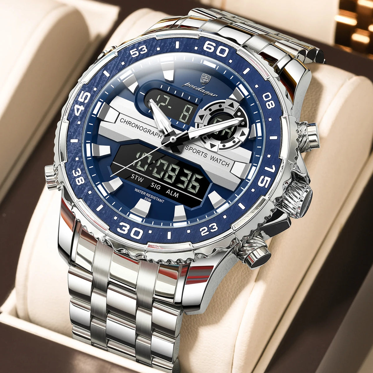 POEDAGAR Functional Electronic Man Wristwatch Week Date LED Luminous Oversized Fashion Quartz Men Watch Dual Time Digital Military Men's Watches Reloj