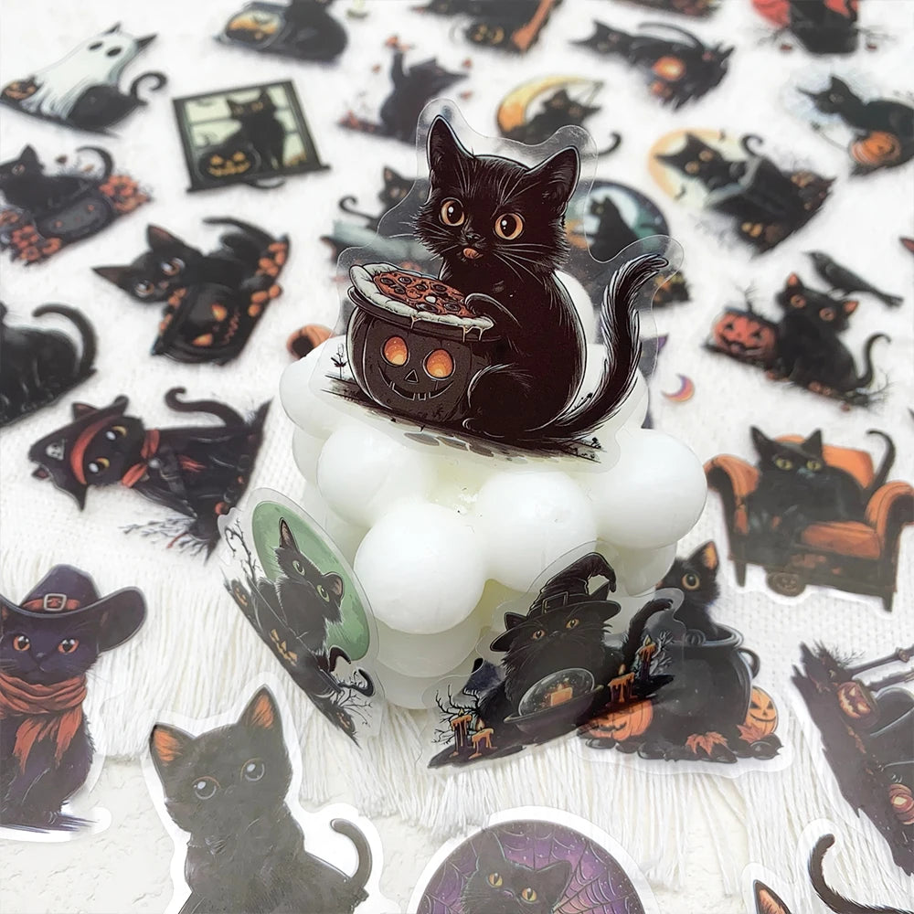 50pcs Halloween Black Cat PET Stickers Decals For Laptop Wall Suitcase Skateboard DIY Aesthetic Stickers Creative Festival Gifts
