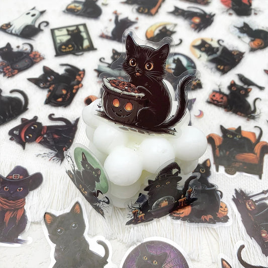 50pcs Halloween Black Cat PET Stickers Decals For Laptop Wall Suitcase Skateboard DIY Aesthetic Stickers Creative Festival Gifts