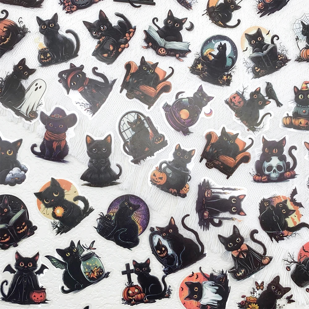 50pcs Halloween Black Cat PET Stickers Decals For Laptop Wall Suitcase Skateboard DIY Aesthetic Stickers Creative Festival Gifts