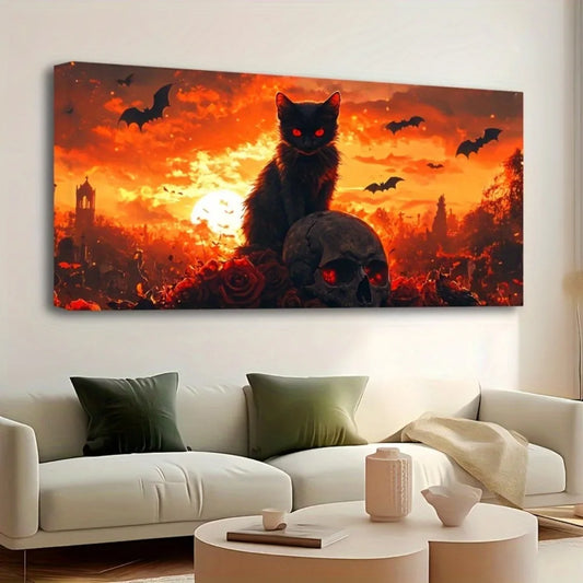 1.5 inch thick pine solid wood frame, vintage Halloween canvas mural, Halloween horror skeleton cat standing on a skeleton