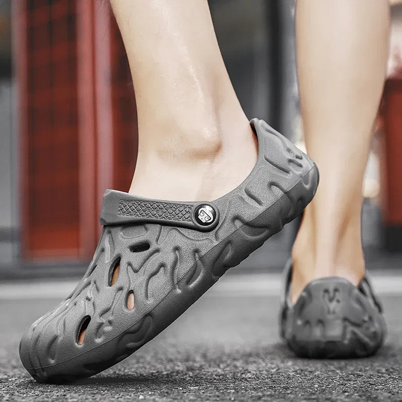 Color: black, Shoe Size: 45 - Men Summer Slippers Thick Sole Mens Clogs Sandals Hollow Breathable Flip Flops Sandals Shoes Fashion Beach Slippers