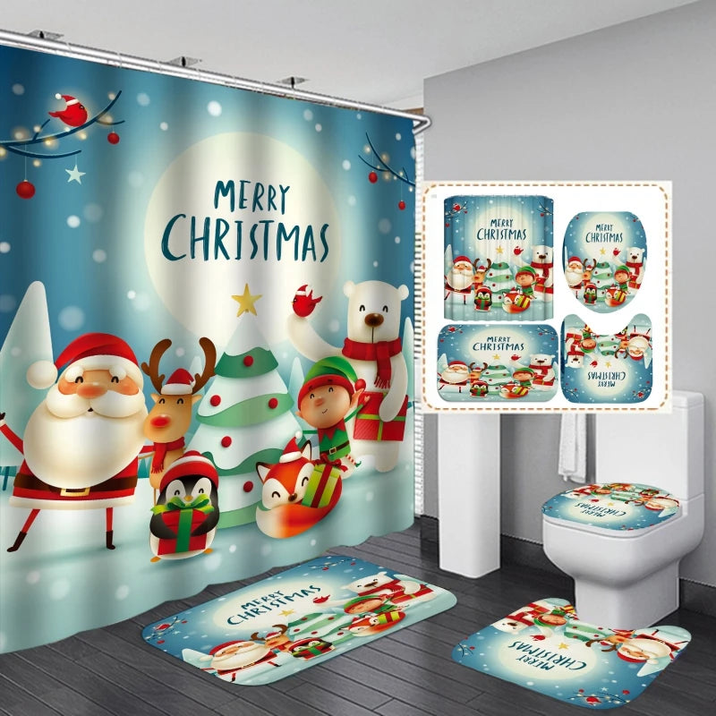 4PCS Bathroom Shower Curtain Set Christmas Snowman Santa Claus Printed Waterproof Shower Curtain Toilet Cover Mat Non Slip Rugs