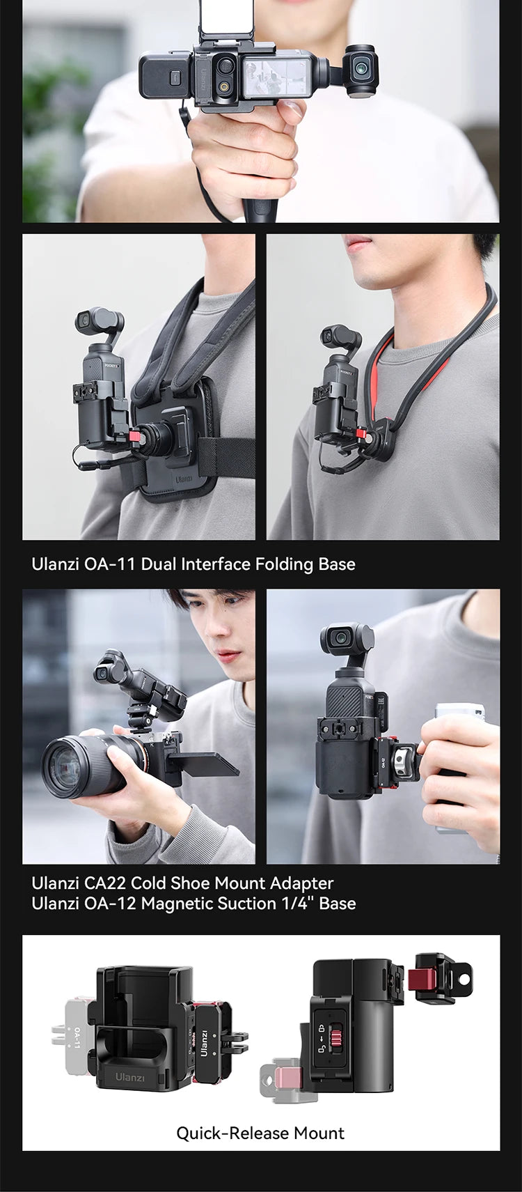 Ulanzi PK-06 Quick Release Expansion Adapter for DJI Osmo Pocket 3 Light Tripod Mount with Cold Shoe 1/4" Screw Accessories Kit