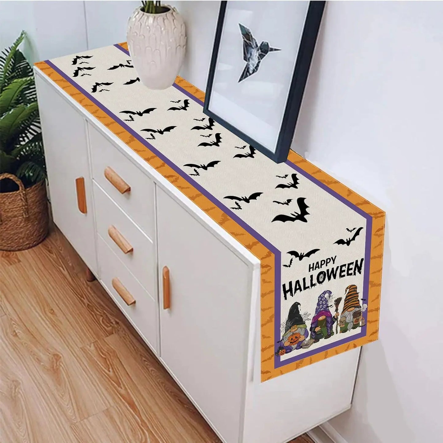 Halloween Gnome Pumpkin Linen Table Runners Black Cat Castle in Purple Spooky Nights Holiday Party Kitchen Dining Table Decor