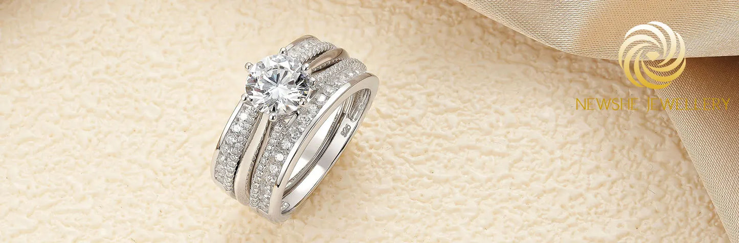 Newshe 2 Pcs Wedding Ring Set 925 Sterling Silver Solitaire Round CZ Engagement Rings for Women Luxury Jewelry