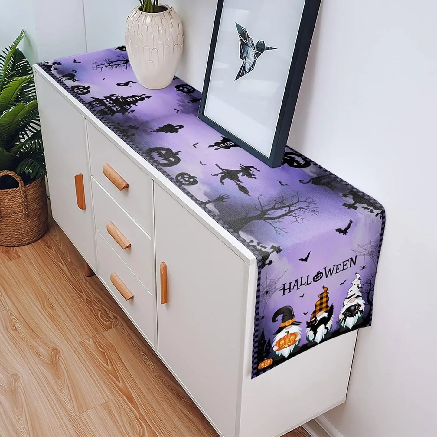 Halloween Gnome Pumpkin Linen Table Runners Black Cat Castle in Purple Spooky Nights Holiday Party Kitchen Dining Table Decor