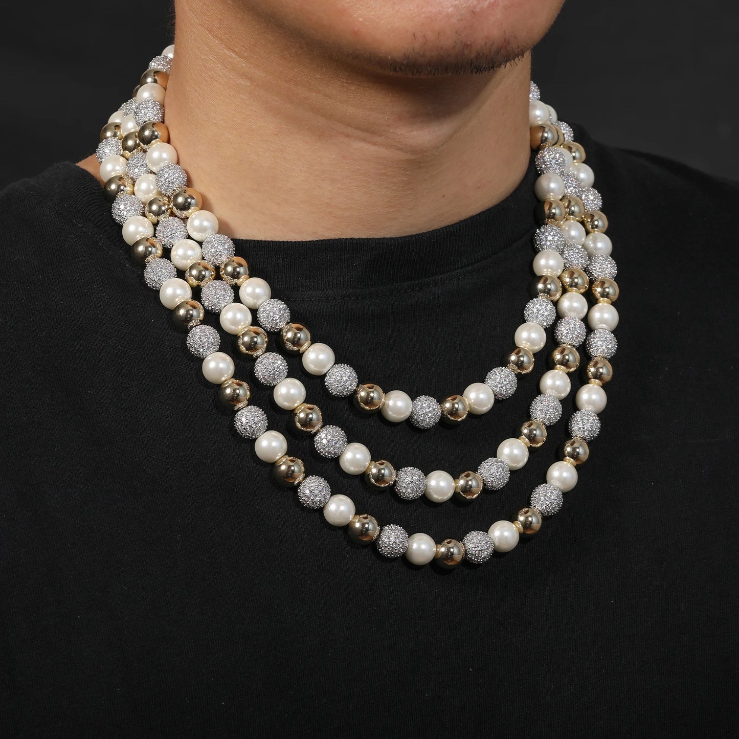 Fashion Imitation Pearl Men Necklace Iced Out Cubic Zircon Ball Hip Hop Bling Fashion Jewelry Rock Party Choker Chain Gifts
