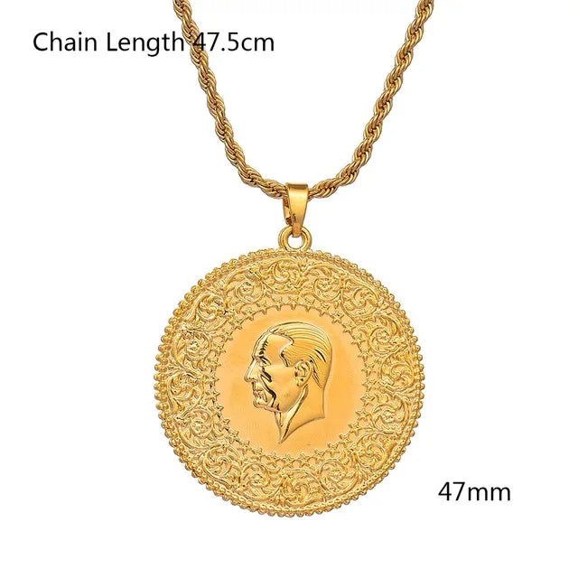 Never Faded Big Size Turkey Coin Pendant & Necklaces with AAA Crystal for Women Gold Color Turkish Coins Jewelry Ethnic Gifts