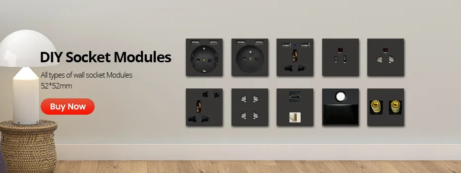 Wallpad Black DIY Module Acrylic Panel With Gold Border Wall Power Socket Electrical Outlet S6 Function Key Free Combination