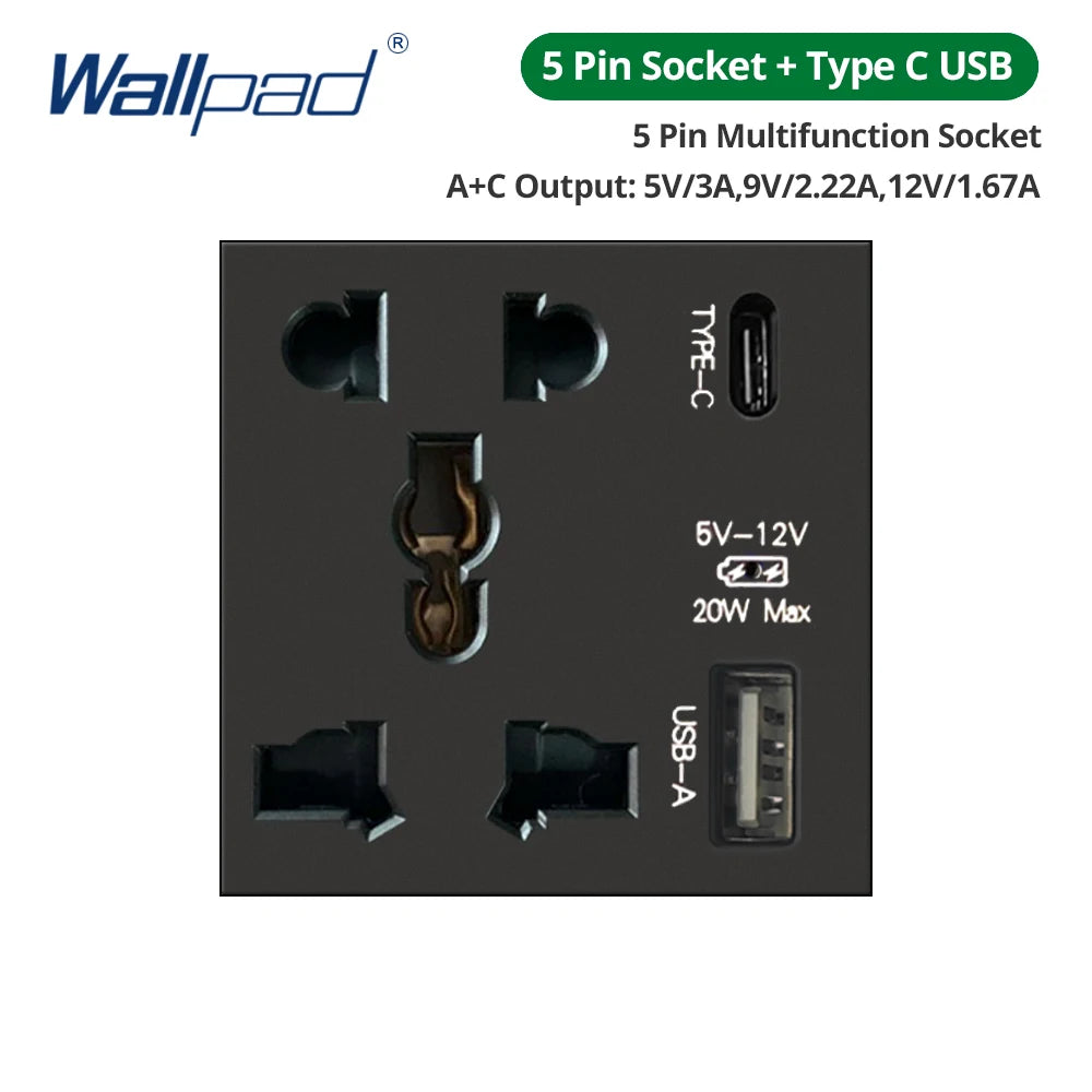 Wallpad Black DIY Module Acrylic Panel With Gold Border Wall Power Socket Electrical Outlet S6 Function Key Free Combination