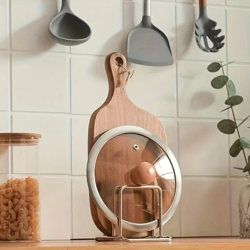 1pc Space-Saving Stainless Steel Pot Lid and Cutting Board Organizer Combo - Heavy-Duty Countertop Rack, Kitchen Organizer