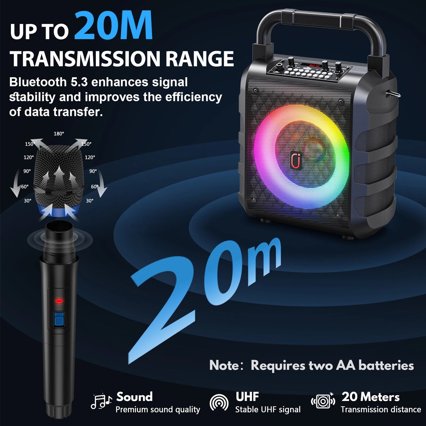 Bluetooth Karaoke Machine, Home Karaoke System with 2 Wireless Microphone, Portable Party Speaker with LED Light