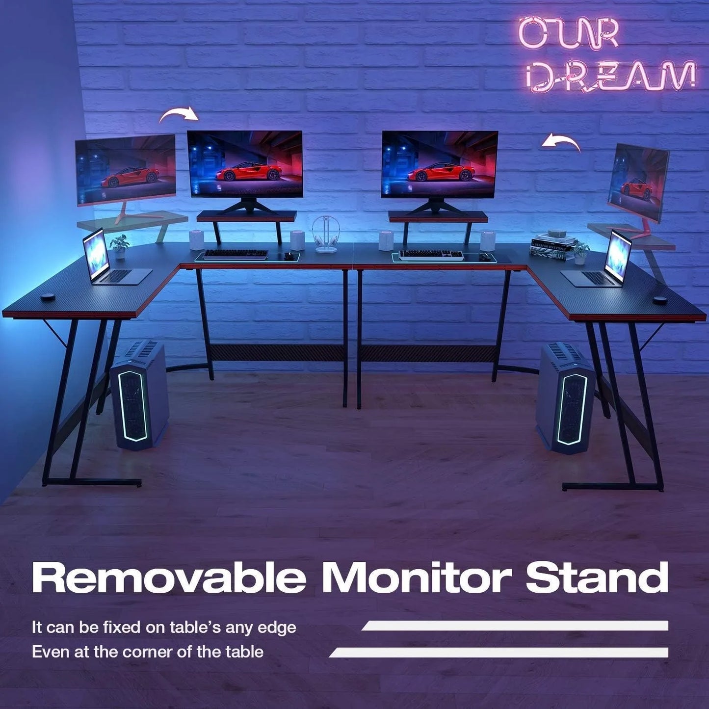 L Shaped Gaming Desk Computer Corner Desk Table with Large Monitor Riser Stand for Home Office Writing Workstation (51 Inch) ﻿