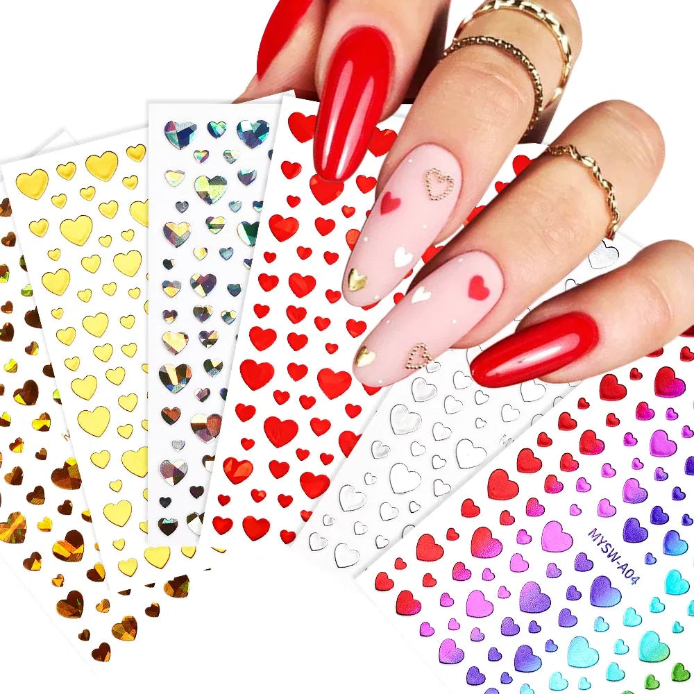 Color: WHITE - 1Pcs 3D Heart Love Nail Sticker Laser Colorful Self-Adhesive Slider Decals 8*10cm Valentines Day Sticker for Nail Decorations #N