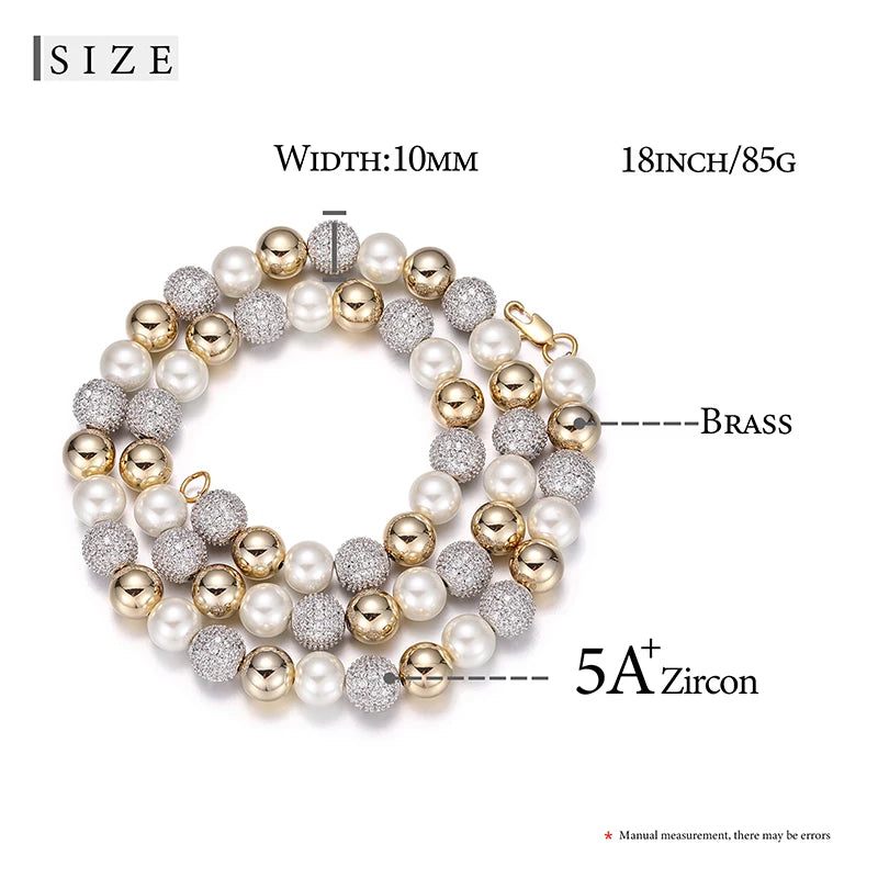 Fashion Imitation Pearl Men Necklace Iced Out Cubic Zircon Ball Hip Hop Bling Fashion Jewelry Rock Party Choker Chain Gifts