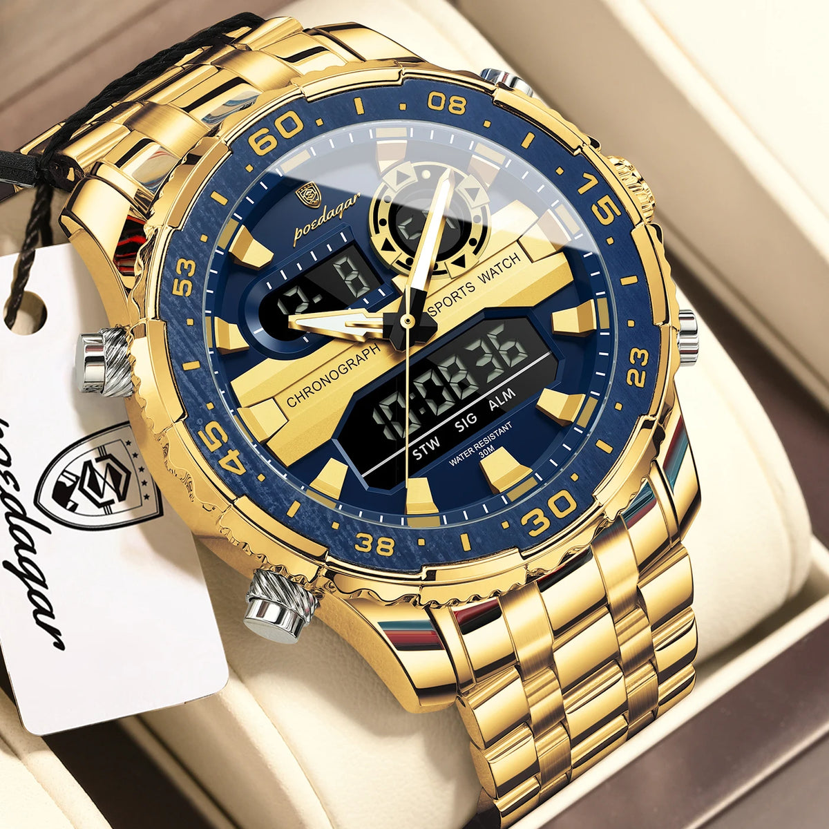 POEDAGAR Functional Electronic Man Wristwatch Week Date LED Luminous Oversized Fashion Quartz Men Watch Dual Time Digital Military Men's Watches Reloj