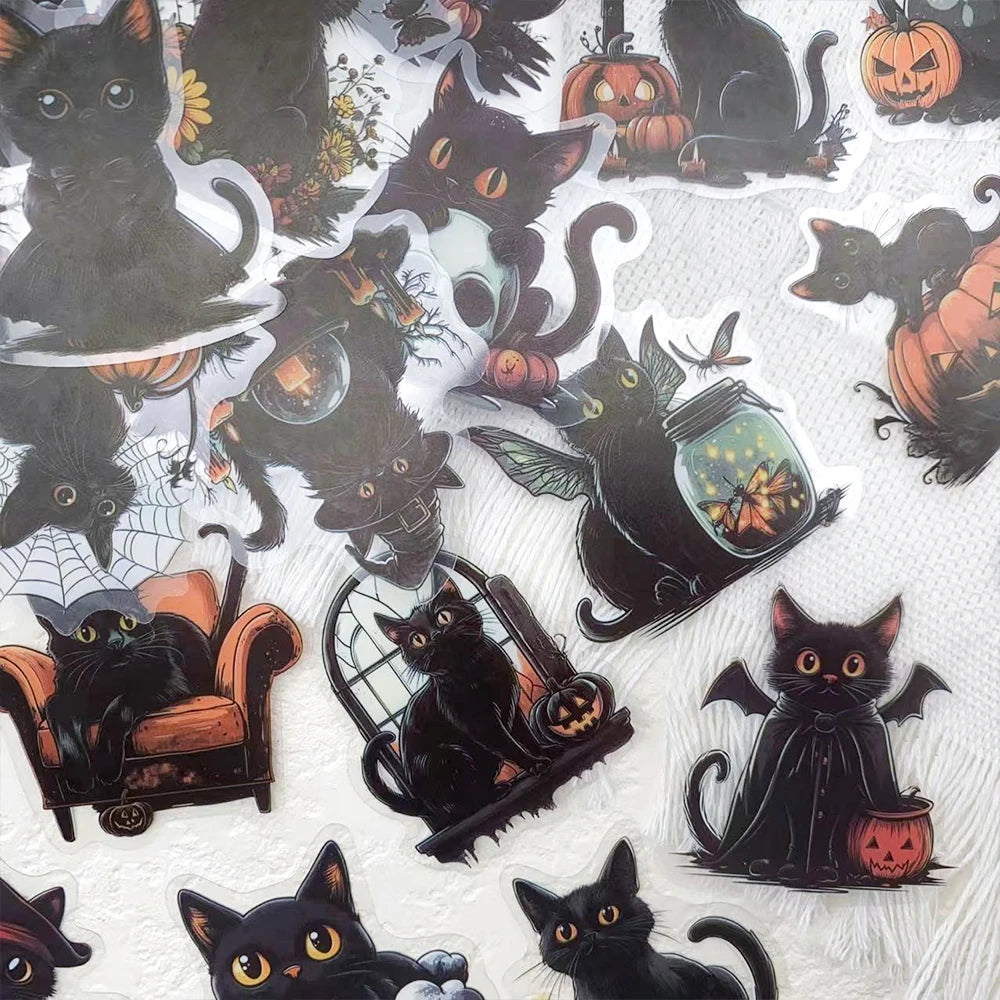 50pcs Halloween Black Cat PET Stickers Decals For Laptop Wall Suitcase Skateboard DIY Aesthetic Stickers Creative Festival Gifts