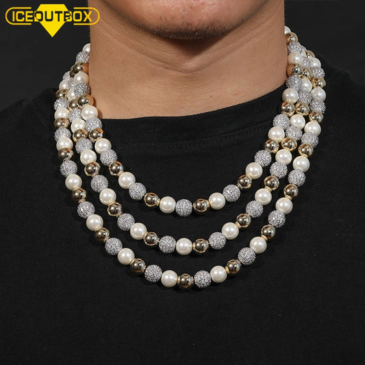 Fashion Imitation Pearl Men Necklace Iced Out Cubic Zircon Ball Hip Hop Bling Fashion Jewelry Rock Party Choker Chain Gifts